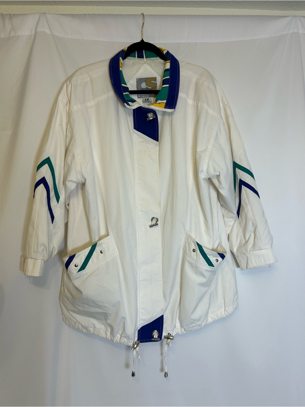 Vintages 80s Classic White Women's Windbreaker Jacket with Blue & Teal Accents
